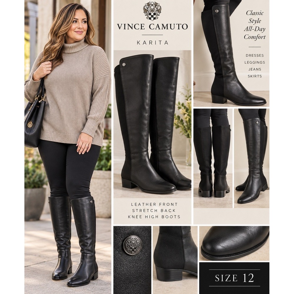 Vince Camuto Karita Over The Knee Boots Women's 12 Black Leather Stretch Back